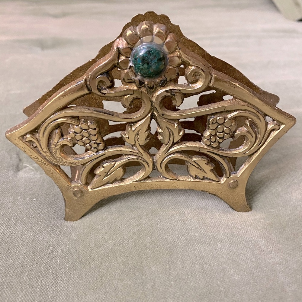 Vintage brass Napkin letter envelope paper Holder with Green Accent   #09